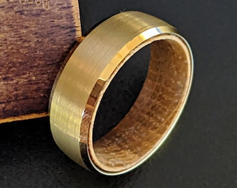 14K Gold Mens Wedding Band Whiskey Barrel Ring - Gold Wedding Band Mens Ring Whiskey Wood Inlay Ring, Bourbon Barrel Wood Ring Tungsten Ring