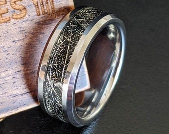 Meteorite Wedding Band Mens Ring - Black Meteorite Ring Mens Wedding Band Tungsten Ring 8mm Unique Promise Rings for Men Silver Nebula Ring