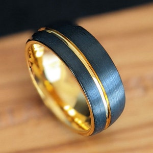 14K Gold Wedding Band Mens Ring, Yellow Gold Mens Wedding Band Tungsten Ring, 8mm Black and Gold Ring, Unique Black Tungsten Rings for Men