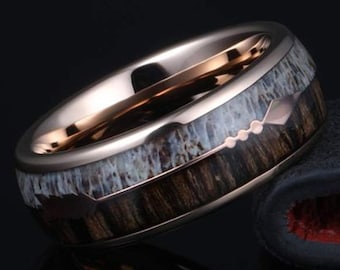 Wood & Deer Antler Ring Mens Wedding Band with Arrow Inlay, Tungsten Wedding Band Mens Ring, Rose Gold Ring, Unique Koa Wood Ring for Men