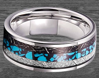 Titanium Meteorite Ring Turquoise Inlay - 6/8mm Mens Wedding Band - Unique Wedding Ring - Couples Wedding Bands Women -Promise Ring for Him