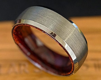 Silver Mens Wedding Band Wood Ring 8mm Tungsten Ring Rose Wood Inlay Ring Unique Wood Wedding Band Mens Ring Wooden Promise Rings for Men