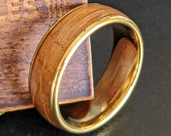 14K Gold Ring Mens Wedding Band Whiskey Barrel Ring - Wooden Tungsten Ring Gold Wedding Band Mens Ring - Bourbon Wood Ring Yellow Gold Ring