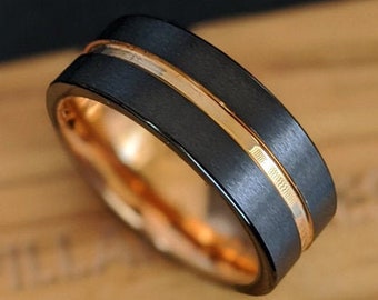 18K Rose Gold Wedding Band Mens Ring, Flat Black Ring Mens Wedding Band Tungsten Ring with Rose Gold Groove, Unique Rose Gold Ring for Men
