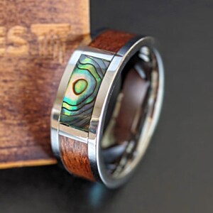 Hawaiian Koa Wood Ring with Abalone Inlay Two Tone Ring Tungsten Wedding Band Mens Ring 8mm Abalone Ring Mens Wedding Band Tungsten Ring
