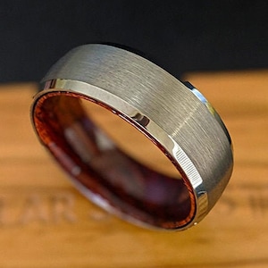 Silver Mens Wedding Band Wood Ring 8mm Tungsten Ring Rose Wood Inlay Ring Unique Wood Wedding Band Mens Ring Wooden Promise Rings for Men