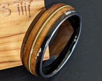 Black Guitar String Ring Wood Wedding Band Tungsten Ring Whiskey Barrel Ring Men Wedding Band Guitar Ring Musician Jewelry Bourbon Wood Ring