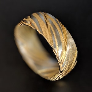 14K Gold Damascus Steel Ring Mens Wedding Band - 8mm Gold Ring Damascus Wedding Band Mens Ring - Unique Wedding Bands Womens Damascus Ring