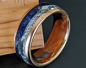 18K Rose Gold Lapis Lazuli Ring Arrow Meteorite Ring Mens Wedding Band Tungsten Ring, Rose Gold Wedding Band Mens Ring, Meteorite Lapis Ring