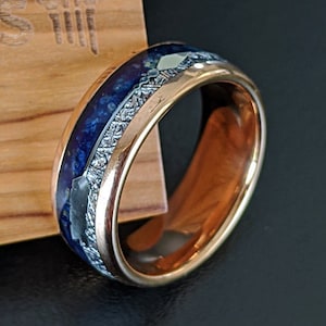 18K Rose Gold Lapis Lazuli Ring Arrow Meteorite Ring Mens Wedding Band Tungsten Ring, Rose Gold Wedding Band Mens Ring, Meteorite Lapis Ring