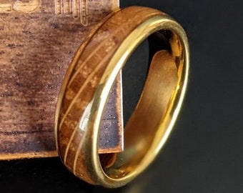 14K Gold Ring Bourbon Barrel Wood Ring 6mm Whiskey Barrel Ring Mens Wedding Band Gold Ring, Rustic Tungsten Ring Gold Wedding Band Mens Ring