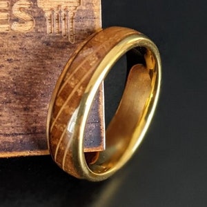 14K Gold Ring Bourbon Barrel Wood Ring 6mm Whiskey Barrel Ring Mens Wedding Band Gold Ring, Rustic Tungsten Ring Gold Wedding Band Mens Ring