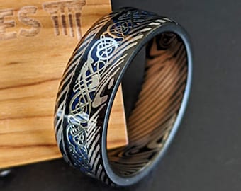 Anillo vikingo de boda para hombre, anillo de dragón, 8 mm, anillo de nudo celta de Damasco, anillo de tungsteno negro, anillo de boda celta para hombre, anillo de fibra de carbono.
