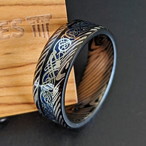 Viking Ring Mens Wedding Band Dragon Ring, 8mm Damascus Celtic Knot Ring Black Tungsten Ring Celtic Wedding Band Mens Ring Carbon Fiber Ring