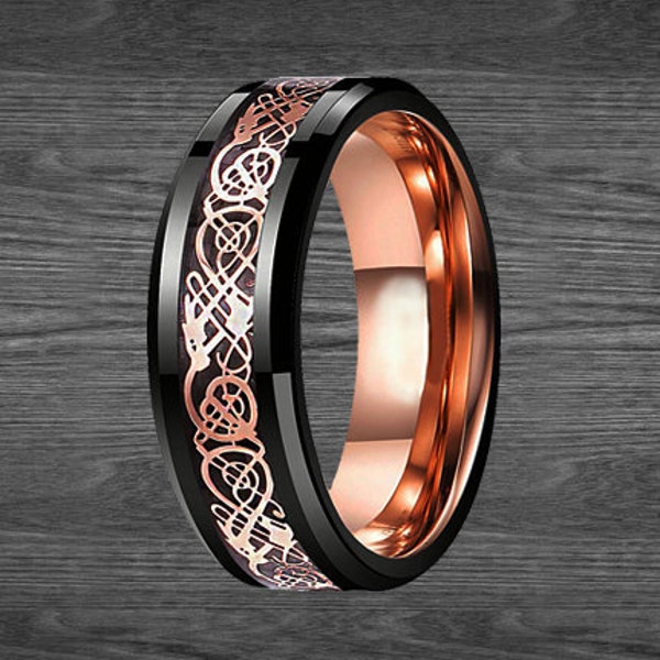 Mens Viking Ring Rose Gold Mens Wedding Band - Unique Celtic Knot Ring - Dragon Ring Mens Celtic Ring Irish Tungsten Wedding Band Mens Ring