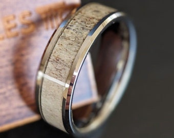 Silver Ring Tungsten Wedding Band Mens Ring - Deer Antler Ring Mens Wedding Band Tungsten Ring - Nature Ring Male Wedding Band Rustic Ring