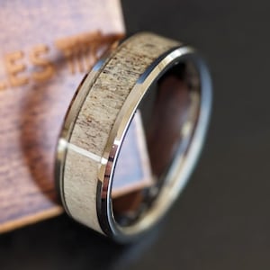 Silver Ring Tungsten Wedding Band Mens Ring - Deer Antler Ring Mens Wedding Band Tungsten Ring - Nature Ring Male Wedding Band Rustic Ring