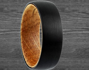 Mens Wedding Band Whiskey Barrel Ring Black Tungsten Wedding Band Mens Ring - Wood Inlay Ring Whiskey Barrel Wedding Band Oak Wood Ring