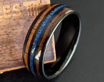 Lapis Lazuli Ring Mens Wedding Band Tungsten Ring, Black Ring Koa Wood Wedding Band Mens Ring, Lapis Ring Tungsten Wedding Band Wooden Ring