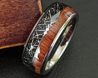 Anillo de madera y meteorito, anillo de bodas para hombre, anillo de flecha de 8 mm, anillo de madera, anillo de bodas de tungsteno, anillo para hombre, anillo de compromiso de meteorito, anillo para mujer