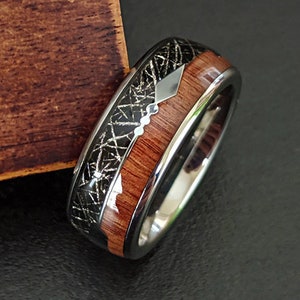 Wood & Meteorite Ring Mens Wedding Band Arrow Ring 8mm Wooden Ring Tungsten Wedding Band Mens Ring Meteorite Engagement Ring Womens Ring