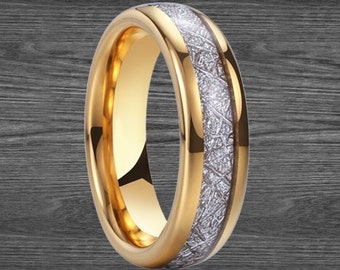 6mm Gold Meteorite Ring Tungsten Wedding Band Mens Ring - Yellow Gold Ring Mens Wedding Band Meteorite Wedding Bands Women Couples Ring Set