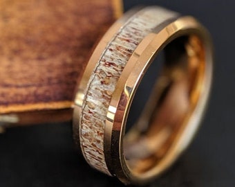 14K Rose Gold Ring Mens Wedding Band Deer Antler Ring - Rose Gold Antler Ring Tungsten Wedding Band Mens Ring - Unique Mens Ring Bone Ring