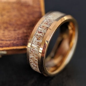 14K Rose Gold Ring Mens Wedding Band Deer Antler Ring - Rose Gold Antler Ring Tungsten Wedding Band Mens Ring - Unique Mens Ring Bone Ring