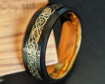 14K Gold Mens Wedding Band Viking Ring - Gold Ring Mens Wedding Band Celtic Ring - Viking Wedding Ring Black Tungsten Wedding Band Mens Ring