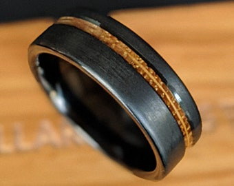 Black Whiskey Barrel Ring Mens Wedding Band Tungsten Ring Offset Inlay Tungsten Wedding Band Wooden Ring, Bourbon Barrel Wood Ring Mens Ring