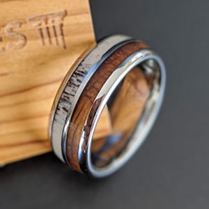 Whiskey Barrel Ring Mens Wedding Band Deer Antler Ring - Wood Wedding Band Mens Ring Wood and Antler Ring - Tungsten Ring Wooden Nature Ring