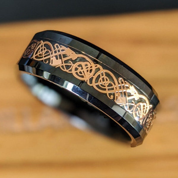 Celtic Wedding Ring Rose Gold Ring, 8mm Viking Ring Mens Wedding Band Tungsten Ring, Rose Gold Wedding Band Mens Ring Black Celtic Knot Ring