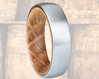 6mm Whiskey Barrel Ring Silver Tungsten Wedding Band Mens Ring - Unique Wood Engagement Ring - Whiskey Ring Mens Wedding Band Wooden Ring