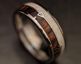 Deer Antler Ring with Arrow Inlay Zebra Wood Ring Mens Wedding Band - Tungsten Wedding Band Mens Ring - Unique Mens Ring Nature Ring