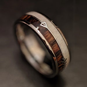 Deer Antler Ring with Arrow Inlay Zebra Wood Ring Mens Wedding Band - Tungsten Wedding Band Mens Ring - Unique Mens Ring Nature Ring