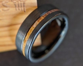 Anillo de boda de 6 mm con forma de barril de whisky, de tungsteno y madera, para hombre, de madera de barril de bourbon, para parejas, color negro.