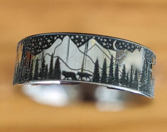 Mountain Ring Mens Wedding Band Tree Ring Unique Wedding Band Mens Ring, Starry Night Nature Ring 8mm Mens Tungsten Ring Silver Wolf Ring