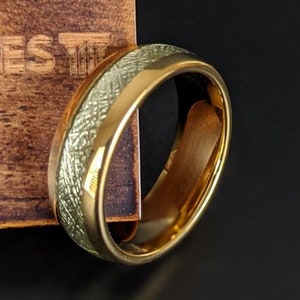Yellow Gold Ring Mens Wedding Band Tungsten Ring, 8mm Meteorite Ring Tungsten Wedding Band Mens Ring, Meteorite Wedding Bands Womens Ring