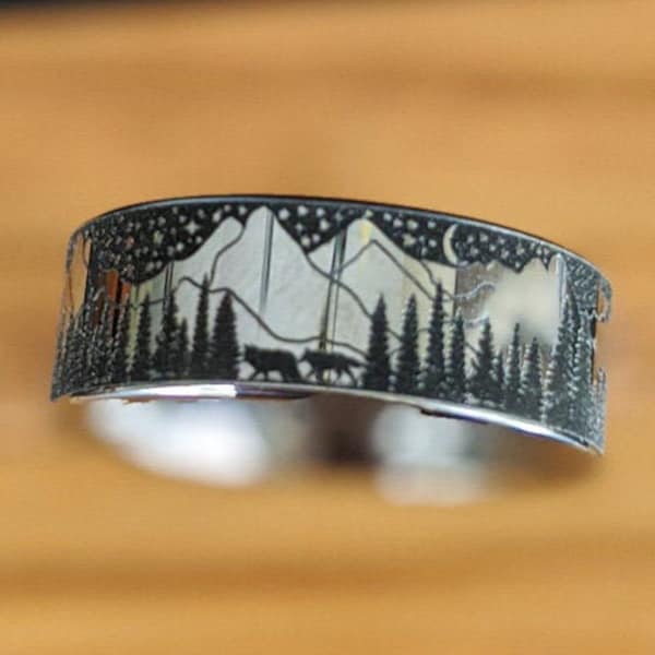 Mountain Ring Mens Wedding Band Tree Ring Unique Wedding Band Mens Ring, Starry Night Nature Ring 8mm Mens Tungsten Ring Silver Wolf Ring