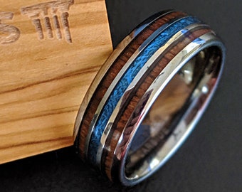 Meteorite Ring Mens Wedding Band Hawaiian Koa Wood Ring, Blue Meteorite & Wood Wedding Band Mens Ring, Unique Mens Ring Blue Tungsten Rings