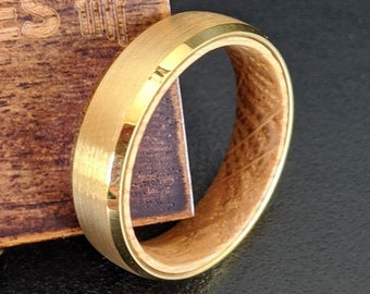 14K Gold Wedding Band Mens Ring - 6mm Whiskey Barrel Ring Mens Wedding Band Gold Ring - Bourbon Wood Ring Womens Tungsten Ring Couples Ring