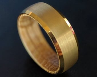 Gold Whiskey Barrel Ring Mens Wedding Band Wood Ring 14K Gold Wedding Band Mens Ring Whiskey Wooden Ring 8mm/6mm Yellow Gold Tungsten Ring