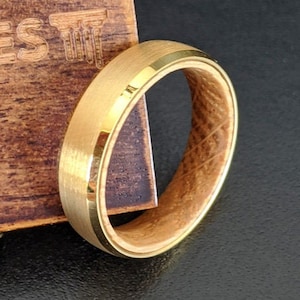 14K Gold Wedding Band Mens Ring - 6mm Whiskey Barrel Ring Mens Wedding Band Gold Ring - Bourbon Wood Ring Womens Tungsten Ring Couples Ring