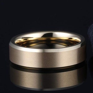 14K Gold Mens Wedding Band Tungsten Ring - Yellow Gold Rings For Him - Gold Wedding Bands Women Ring - Mens Wedding Band with Beveled Edges