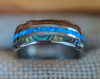 10mm Blue Opal Ring Mens Wedding Band Wooden Ring - Abalone Ring Tungsten Wedding Band Mens Ring - Wide Koa Wood Ring Opal Wedding Ring