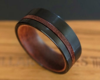Rose Wood Wedding Band Mens Ring - Brushed Black Mens Wedding Band Tungsten Ring Wood Inlay Ring - 8mm Unique Wooden Wedding Rings for Men