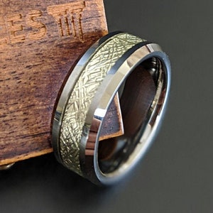 Unique Meteorite Ring Mens Wedding Band Tungsten Ring with Beveled Edges 8mm Meteorite Wedding Band Mens Ring Meteorite Engagement Ring