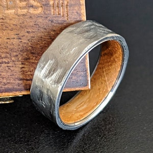 Gunmetal Whiskey Barrel Ring Wood Wedding Band Mens Ring 8mm Titanium Ring Mens Wedding Band Hammered Ring - Bourbon Whiskey Ring Wood Ring
