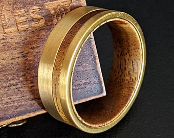 Koa Wood Ring Mens Wedding Band Gold Ring, 14K Gold Wedding Band Mens Ring, Gold and Wood Wedding Band Tungsten Ring Wooden Rings for Men