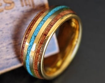 14K Gold Turquoise Ring Mens Wedding Band Wooden Ring 8mm Yellow Gold Tungsten Rings with Wood Inlay Promise Engagement Bands for Him